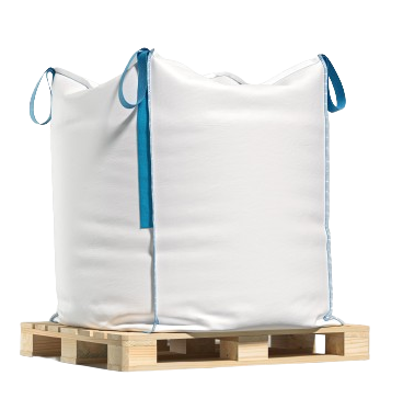 A large white bulk bag with blue straps sits on a wooden pallet. The bag is secured and appears to be filled with coarse solar salt, ready for storage or transportation. The background is plain white.