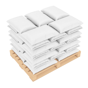 A stack of white sacks neatly arranged in a grid on a wooden pallet. The sacks, filled with coarse salt, are evenly piled in four layers, each containing six sacks. The pallet provides a sturdy base for the stacked sacks, ensuring they are elevated from the ground.