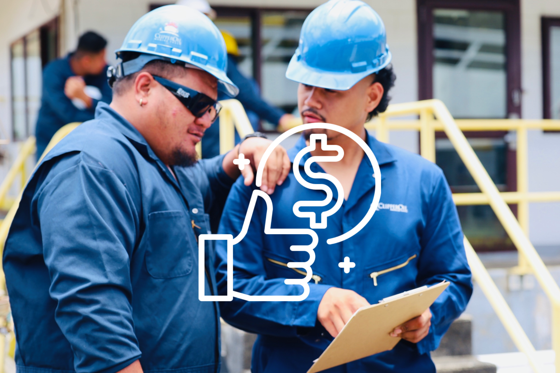 Two construction workers wearing blue uniforms and blue hard hats stand together, one holding a clipboard and the other pointing towards it. A white dollar sign, thumbs-up, and cross symbols are overlaid on the image, suggesting financial success or agreement.