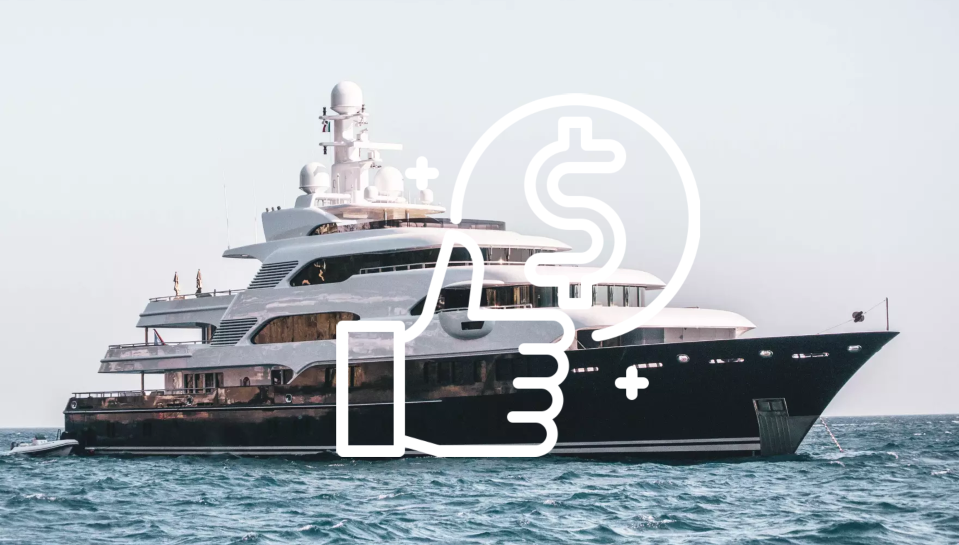 A large, luxurious yacht is anchored on calm waters under a clear sky. Overlaid on the image is a white graphic of a thumbs-up sign and a dollar sign, symbolizing high value or expense, reflecting the premium quality of marine diesel fuel solutions powering this majestic vessel.