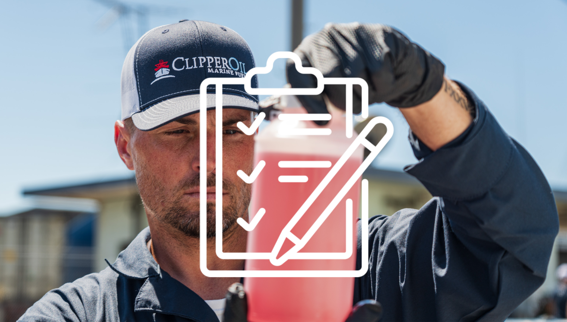 A person wearing a "Clipper" cap and gloves inspects a translucent pink liquid in a clear container while outdoors, likely analyzing diesel fuel. An overlay of a white clipboard and pen icon appears on top of the image.